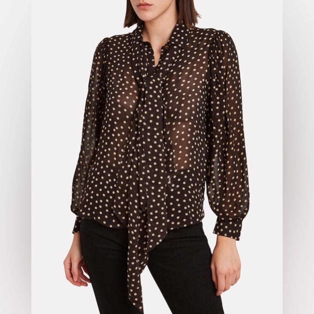 GANNI Polkadot Georgette Blouson Sleeves Button Down Sheer Blouse - Size 34